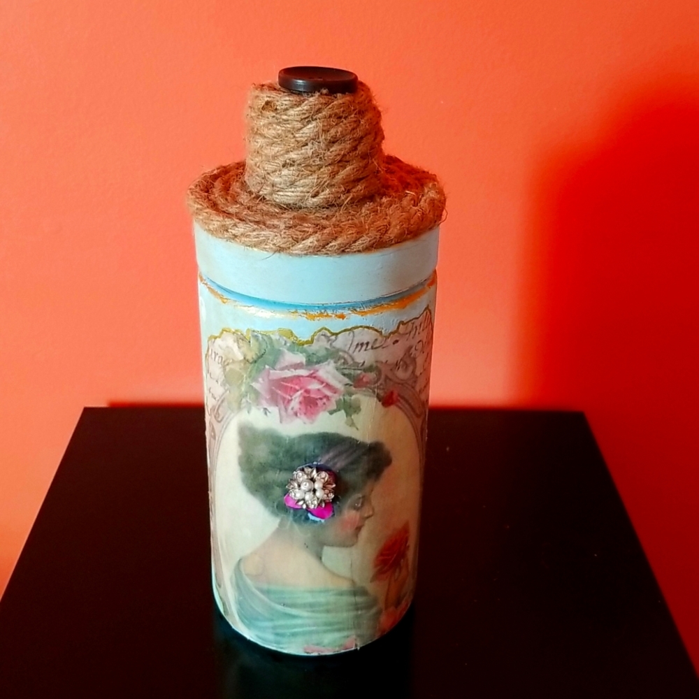 Made by me distressed victorian lady glass container